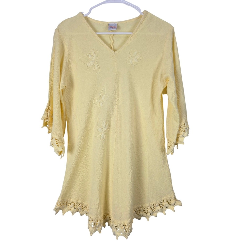 Manta Del Lago Coastal Dress M Womens Yellow Lace Embroidered Cottage Core